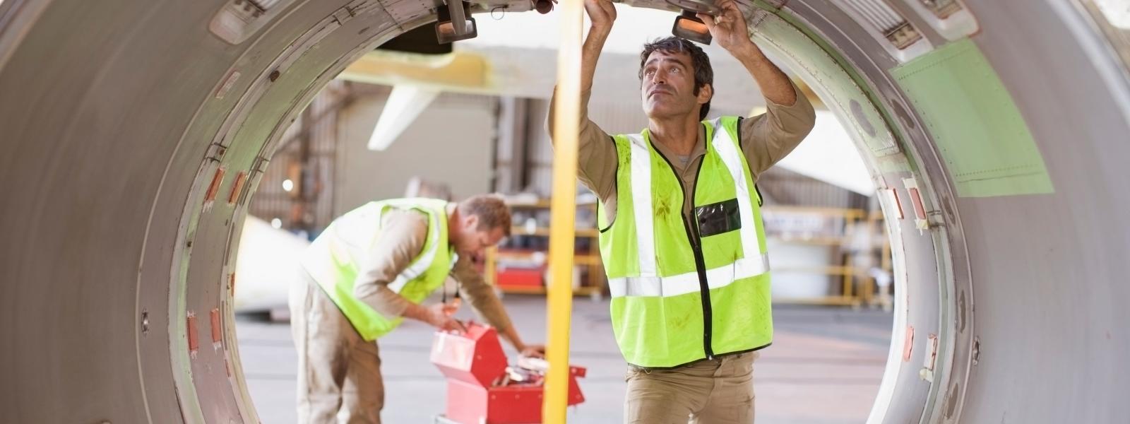 Arbeiter arbeiten an einem Flugzeugteil